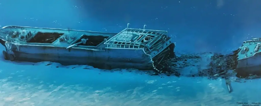 Home Exploration sous-marine de l'épave de l'Astrée à Port-Vendres, cargo torpillé reposant à 47m de profondeur avec plongeurs et gorgones rouges