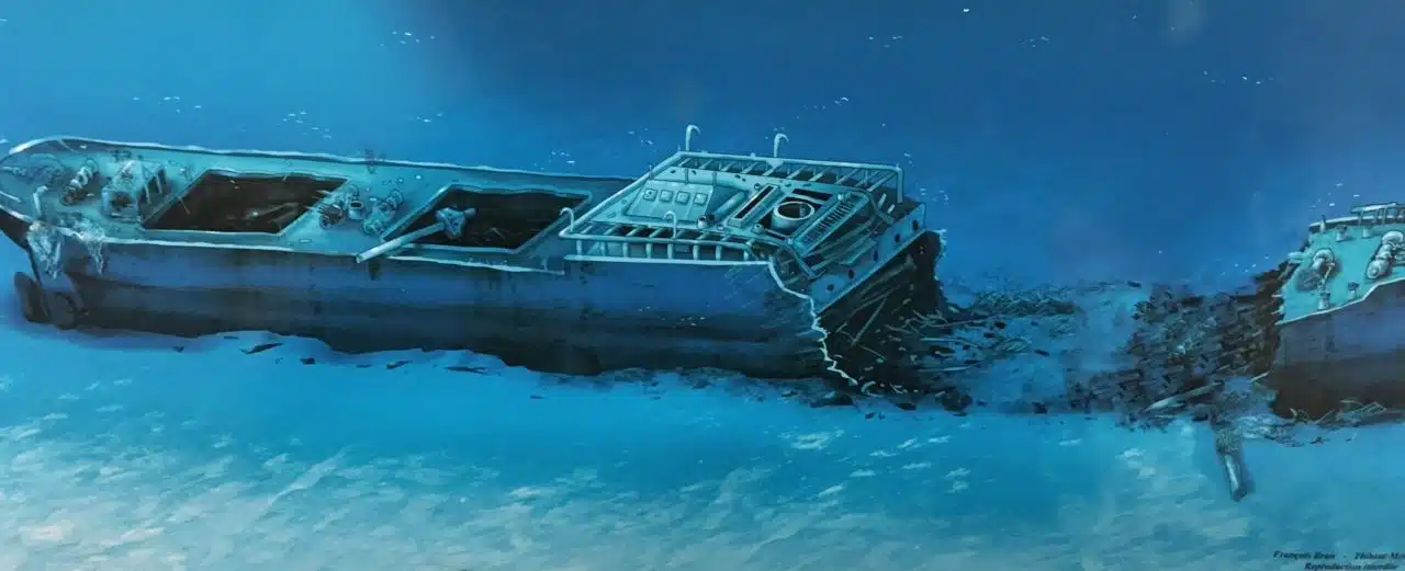 Exploration sous-marine de l'épave de l'Astrée à Port-Vendres, cargo torpillé reposant à 47m de profondeur avec plongeurs et gorgones rouges