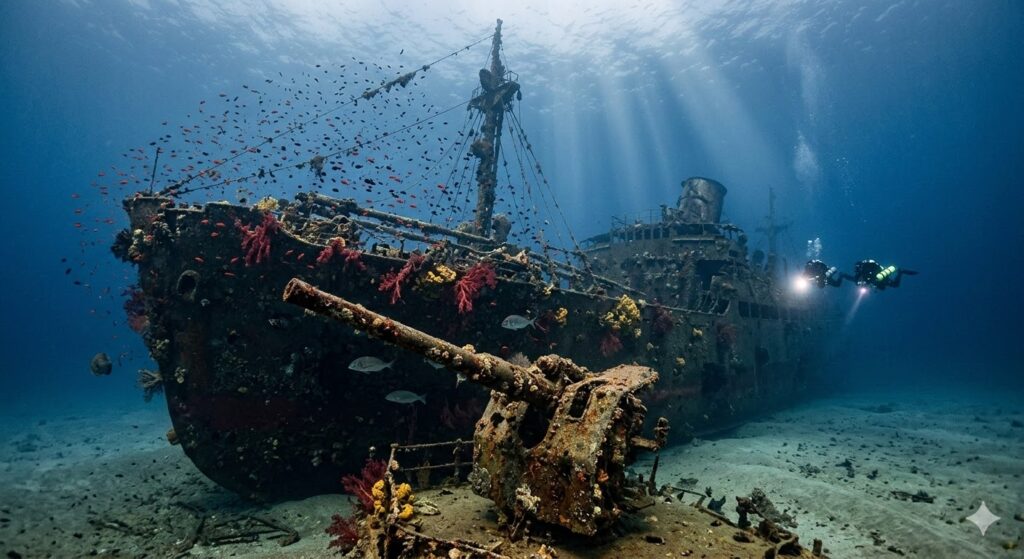 Home Vue sous-marine du canon de l'épave de l'Alice Robert le Bananier à 45m de fond