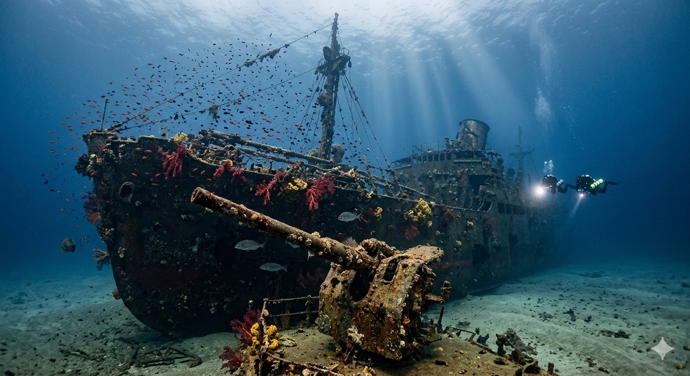 Vue sous-marine du canon de l'épave de l'Alice Robert le Bananier à 45m de fond